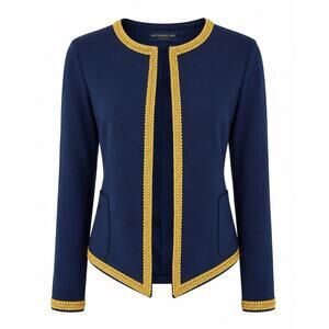 Katherine Way Navy Gold Trim Open Front Jacket NWT Military Blazer Size Small